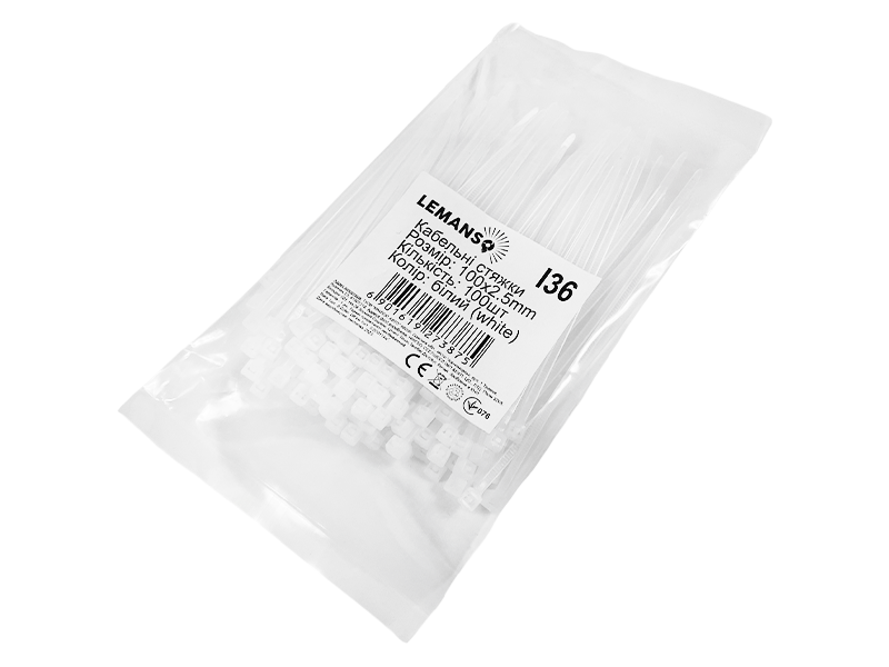 Стяжка кабельная 100 шт. 2,5х100 мм Белый (9700)