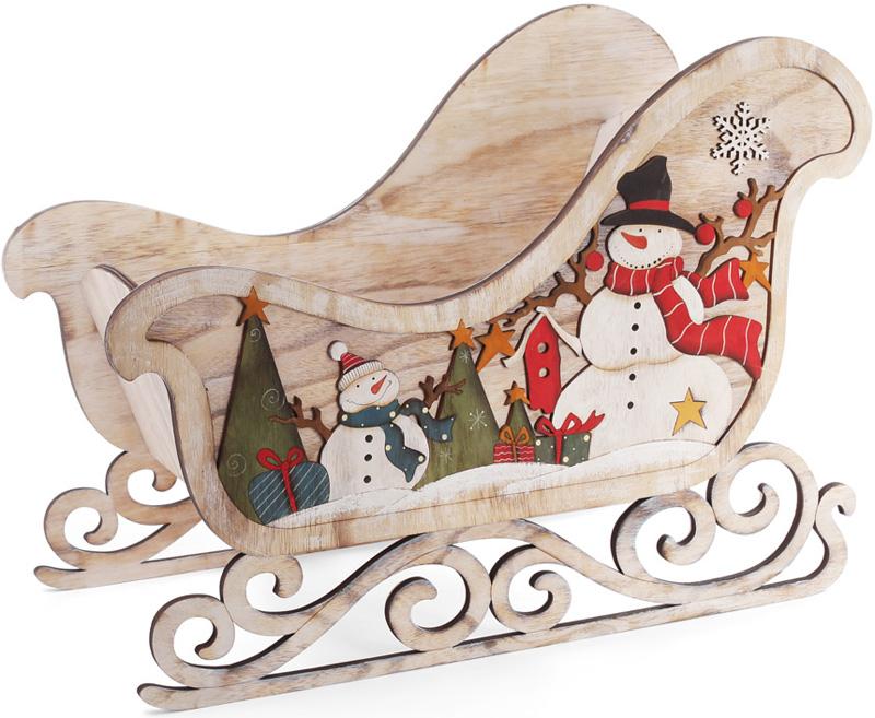 Декоративные сани Снеговики 63,5 см деревянные (BD-808-018)