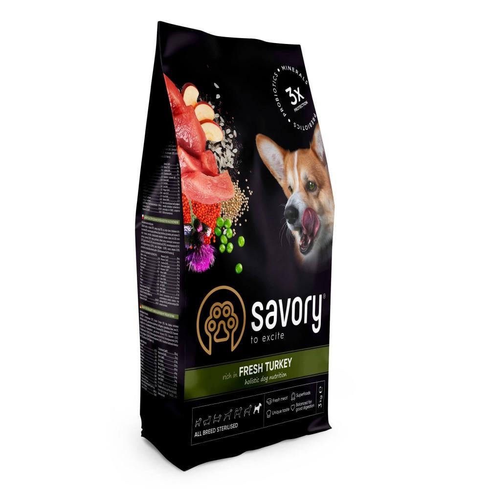 Корм сухой Savory All Breed Sterilised Rich in Fresh Turkey для стерилизованных собак всех пород со свежей индейкой 3 кг (4820232631508)
