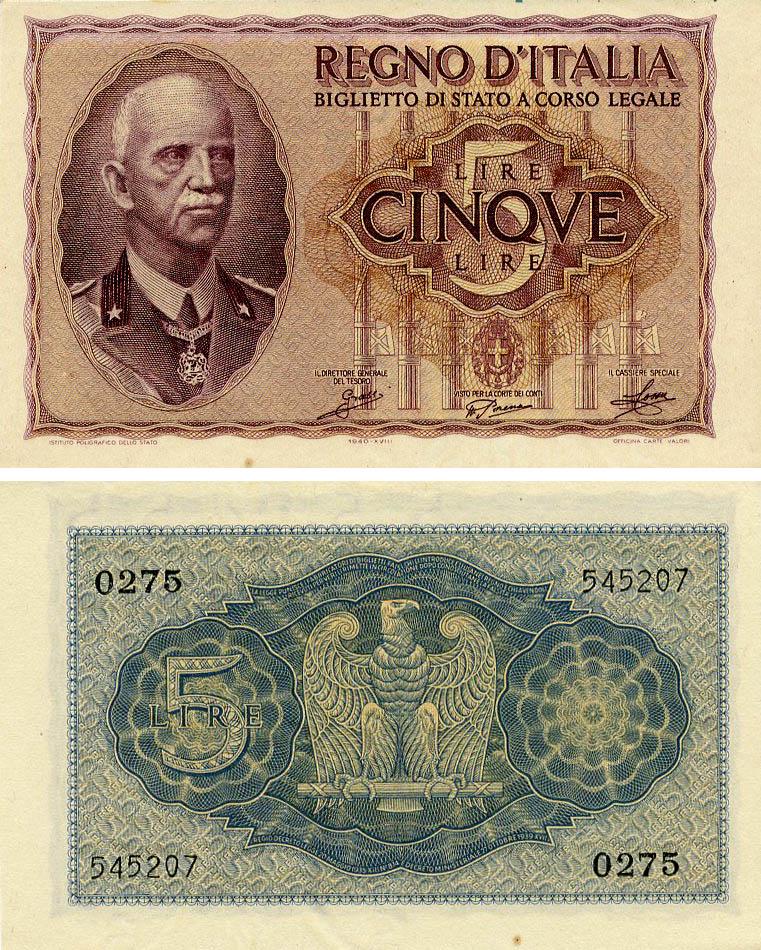 Коллекционная банкнота Италия 5 лир 1940 AU-UNC (P28)