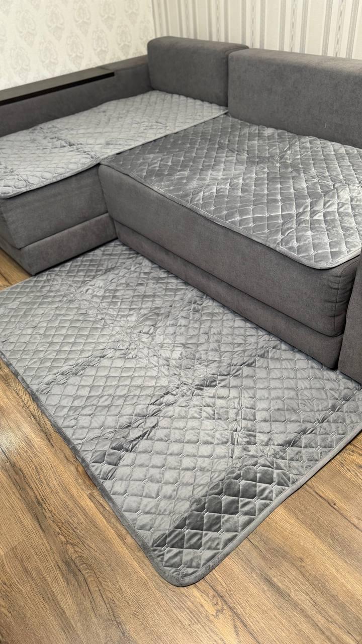 Комплект велюровий покривало на диван 90х210 см/накидки 2 шт. 90х160 см Сірий (П4К-am-divandek-0021) - фото 4