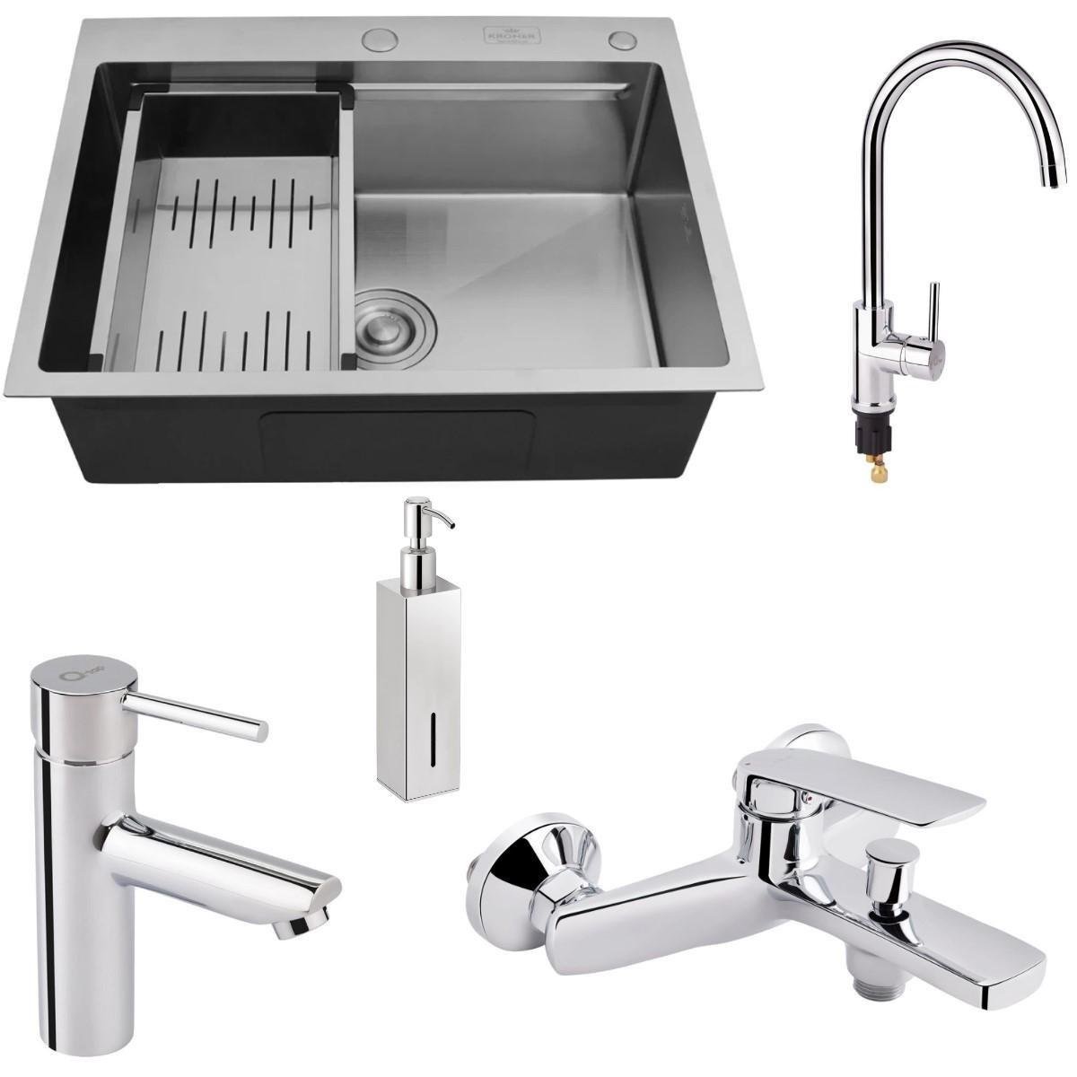 Мойка Kroner 6350HM/кран с подключением к фильтру воды/кран в ванну/кран для умывальника и дозатор
