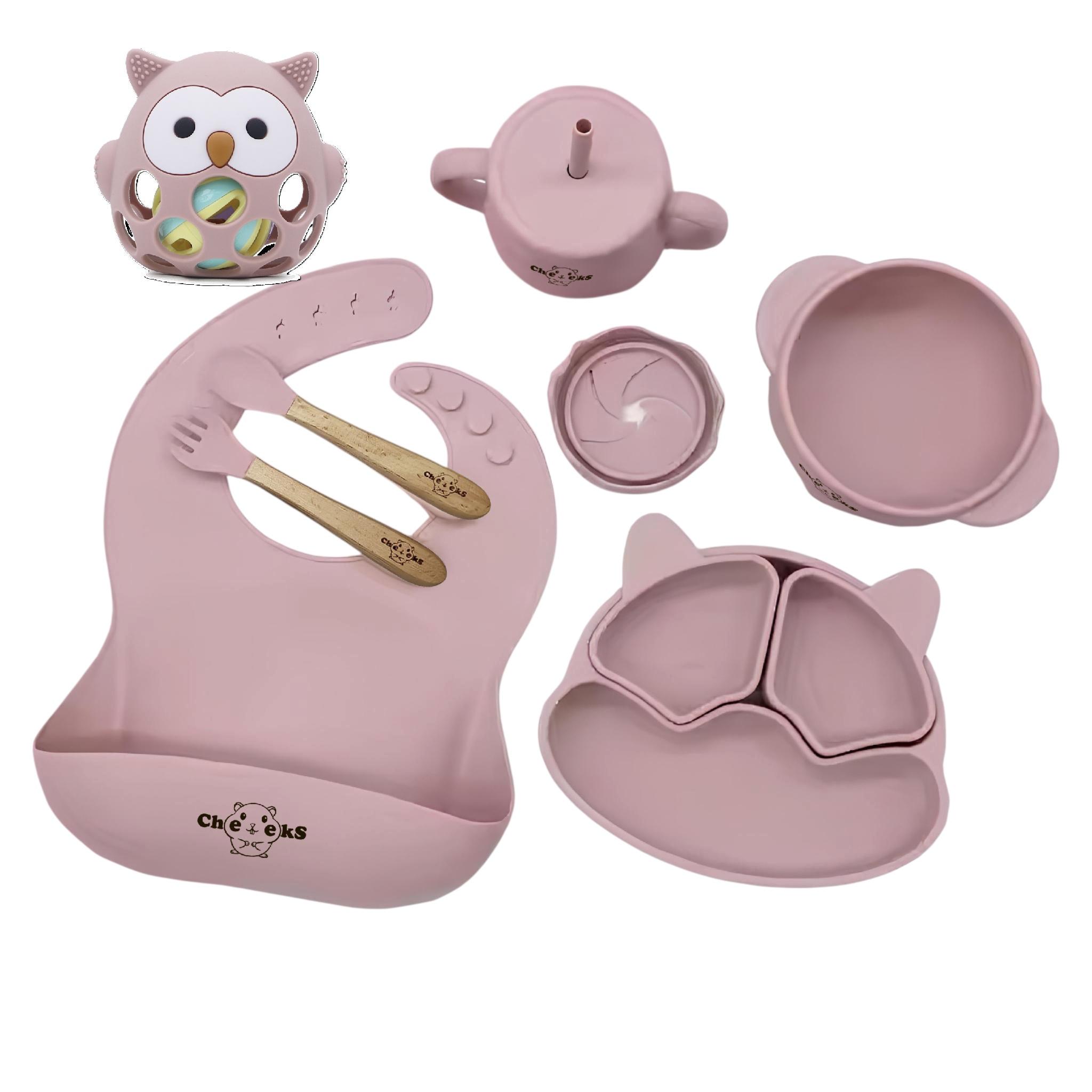 Набір дитячого посуду Cheeks з гризунком прорізувачем-брязкальцем Рожевий (28106008)