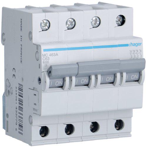 Автоматический выключатель Hager 4P 6 kA C-63A 4M (MC463A)