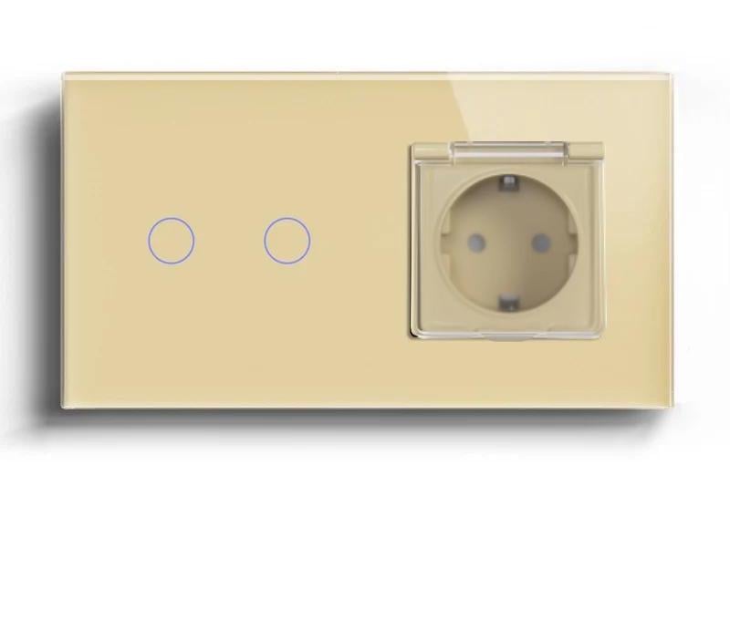 Выключатель умный LUXION IP44 с розеткой сенсорный/двойной/проходной с заземлением/шторками/крышкой Золотой