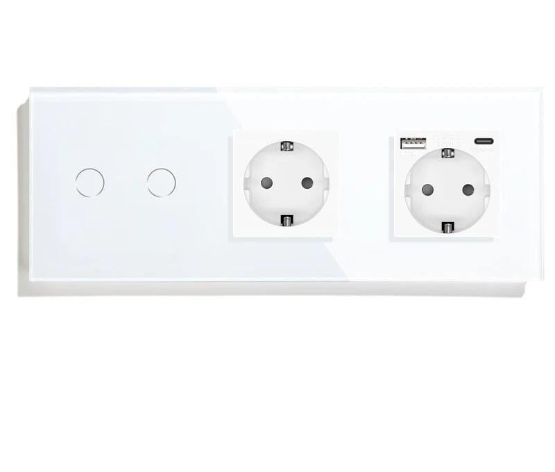 Выключатель умный LUXION двойной/проходной/сенсорный с розеткой USB A+C 20Вт стекло Белый