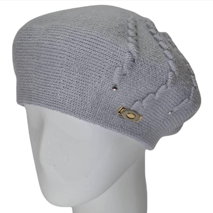Берет женский Lirus Олеся из шерсти двойной с узором и люрексовой нитью Серо-голубой