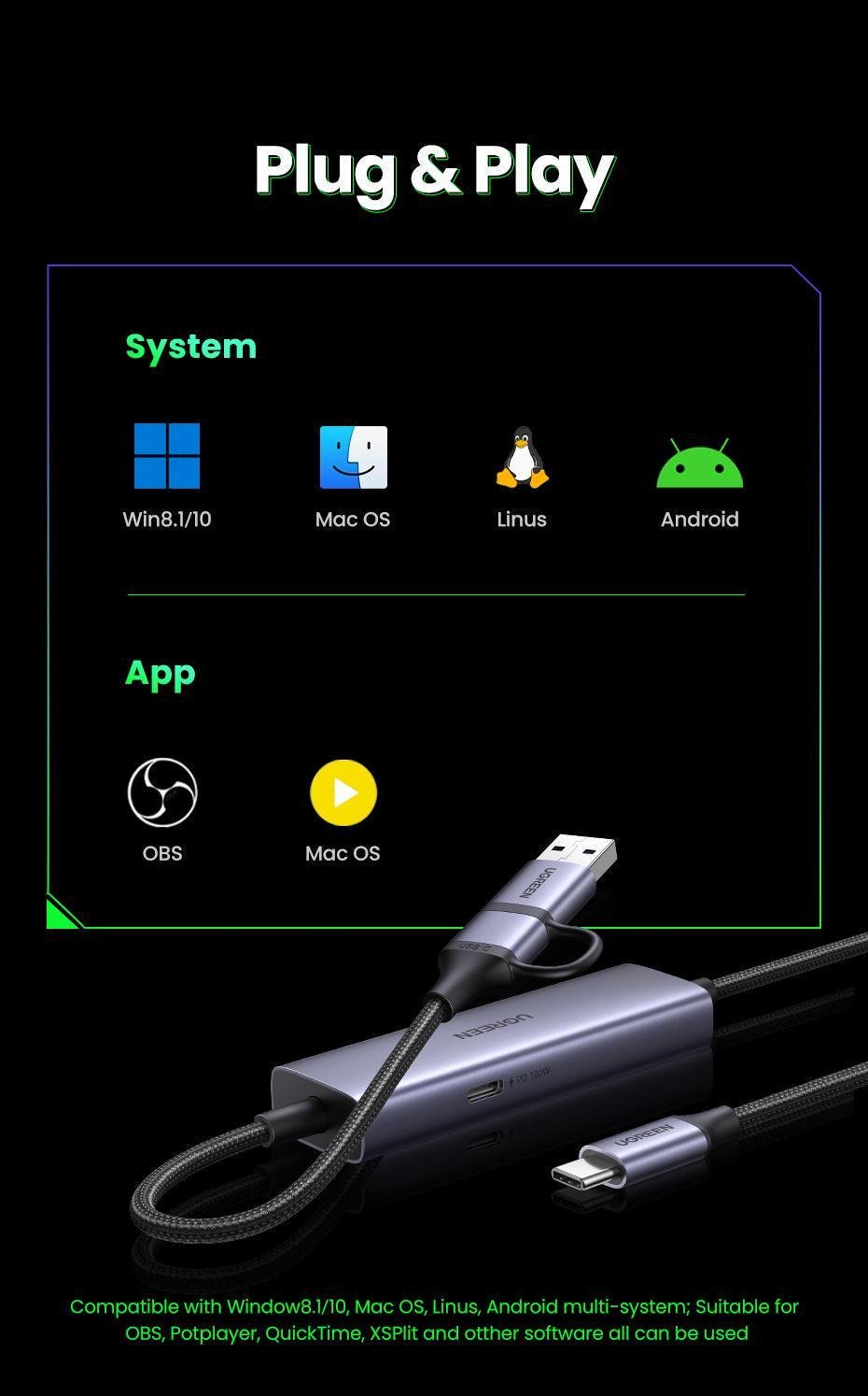 Карта видеозахвата USB Ugreen 1. USB-A USB-C 2 м Серый (25772) - фото 14