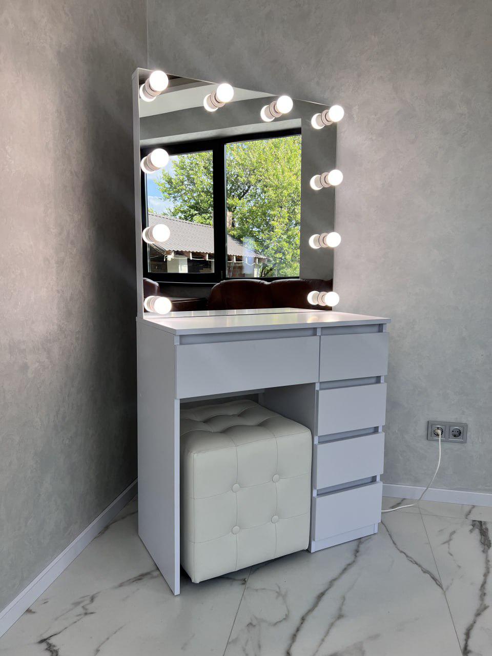 Туалетный столик с подсветкой безрамное зеркало 5 выдвижных ящиков 80х160х40 см Белый