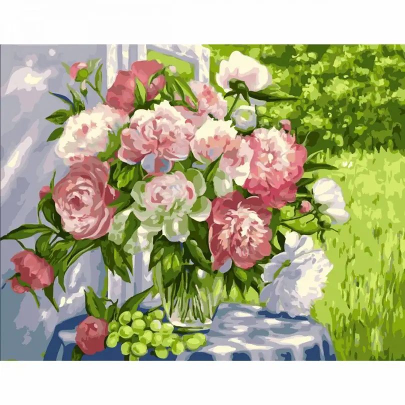 Картина по номерам Strateg Букет пионов у окна 40x50 см без коробки (SR-SY6586)