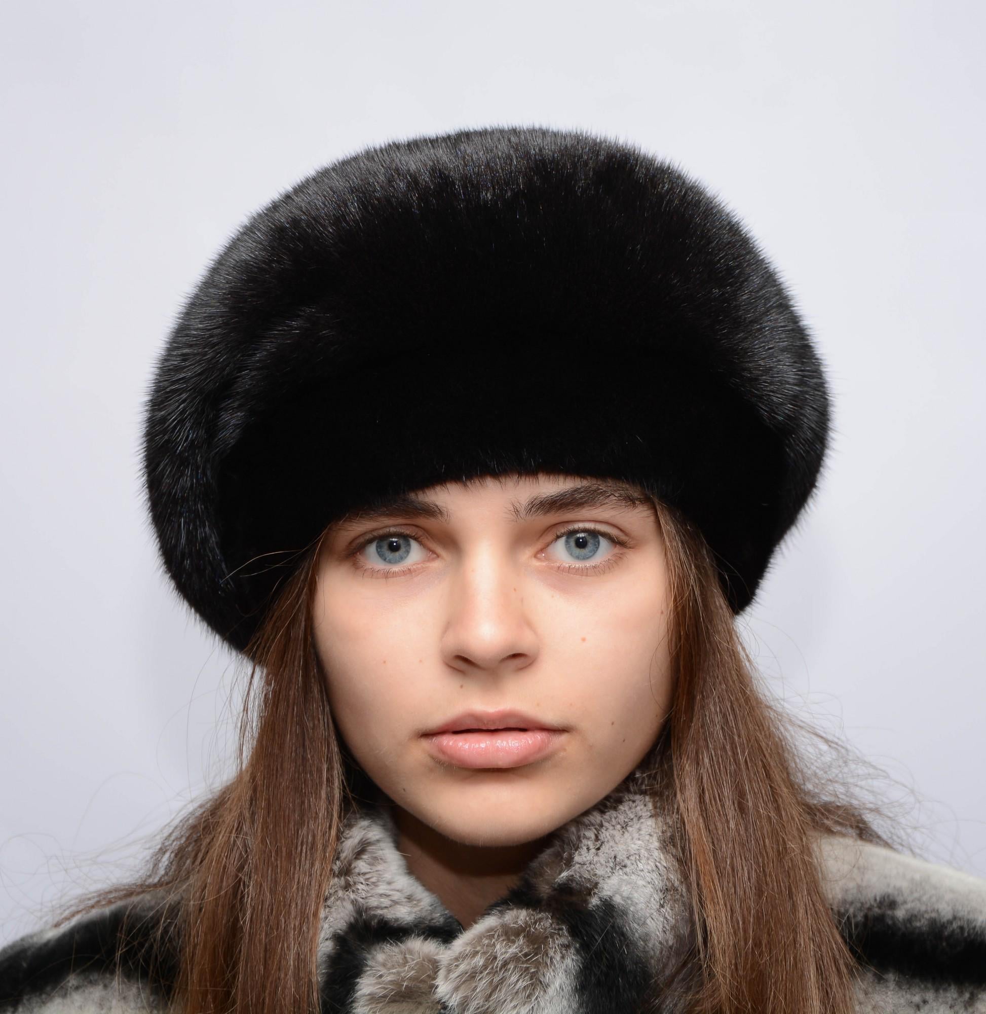 Женский берет Меховой стиль Цельный из натурального меха норки XL-XXL Черный (025/А)