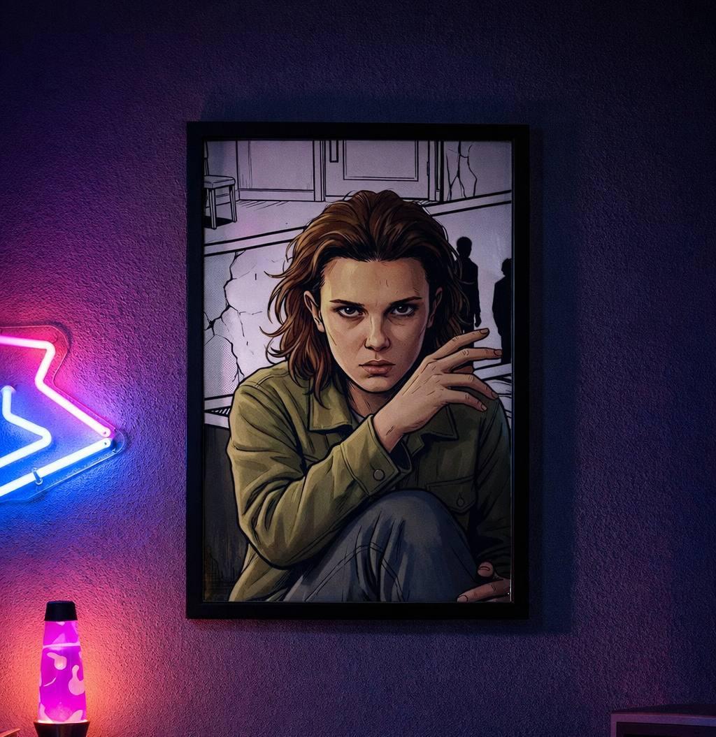 Постер в рамці під склом Stranger Things Джейн Одинадцять у ретро-аркадному стилі А3