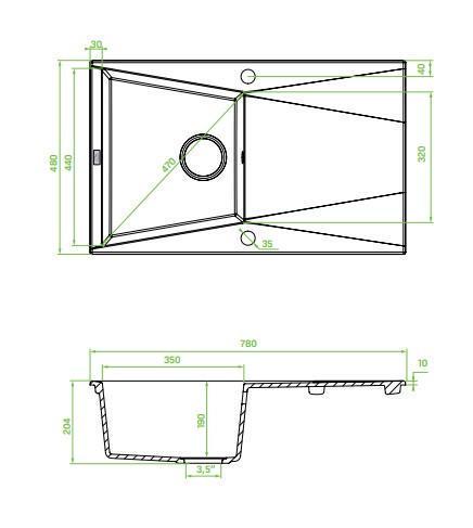 Мойка гранитная Laveo GRENADA 1 чаша прямоугольная с сифоном 48x78 см Черный (SBG_711T) - фото 2