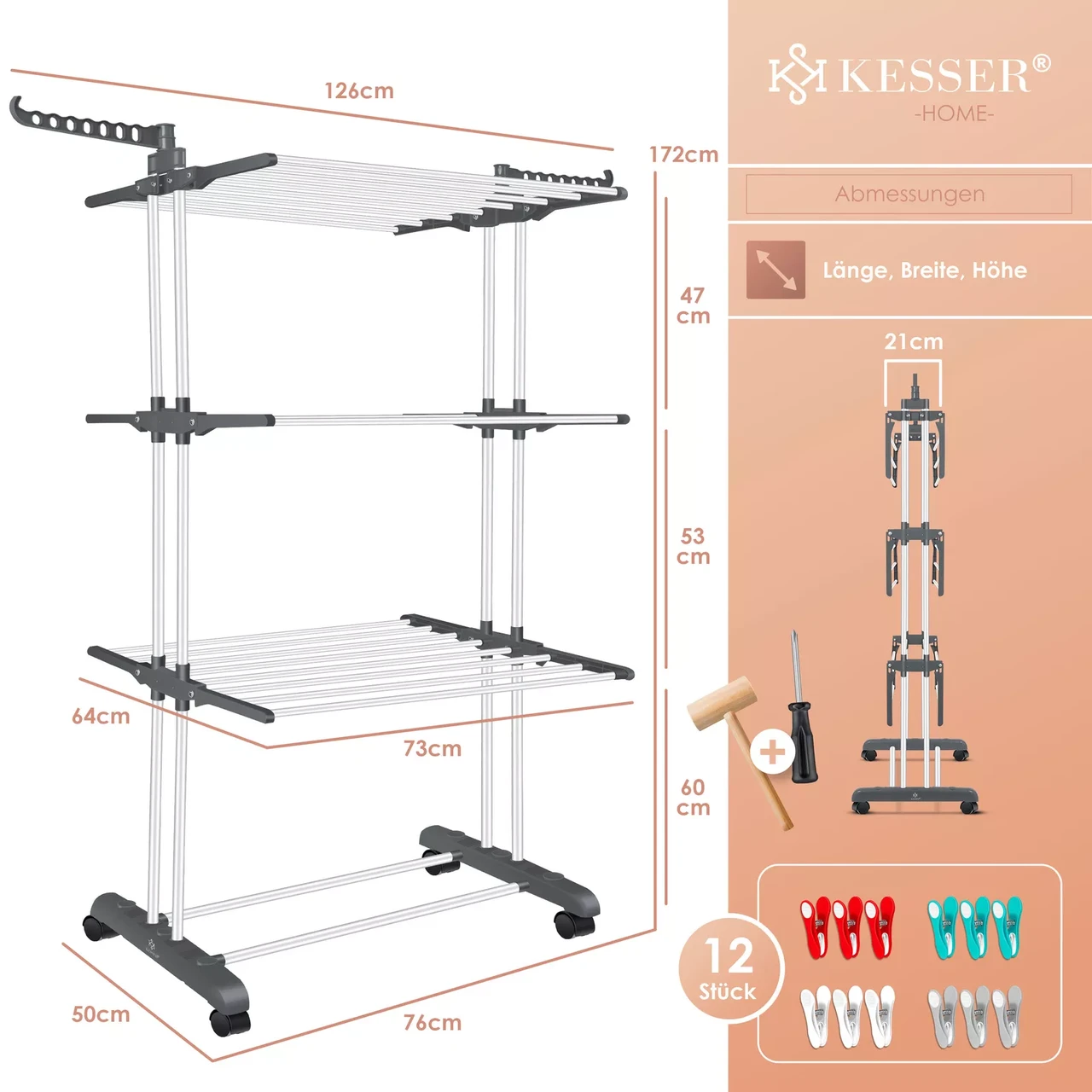 Сушарка для білизни KESSER 126 см 50 кг (4255598324540) - фото 2 Сушарка для білизни KESSER 126 см 50 кг (4255598324540) - фото 2