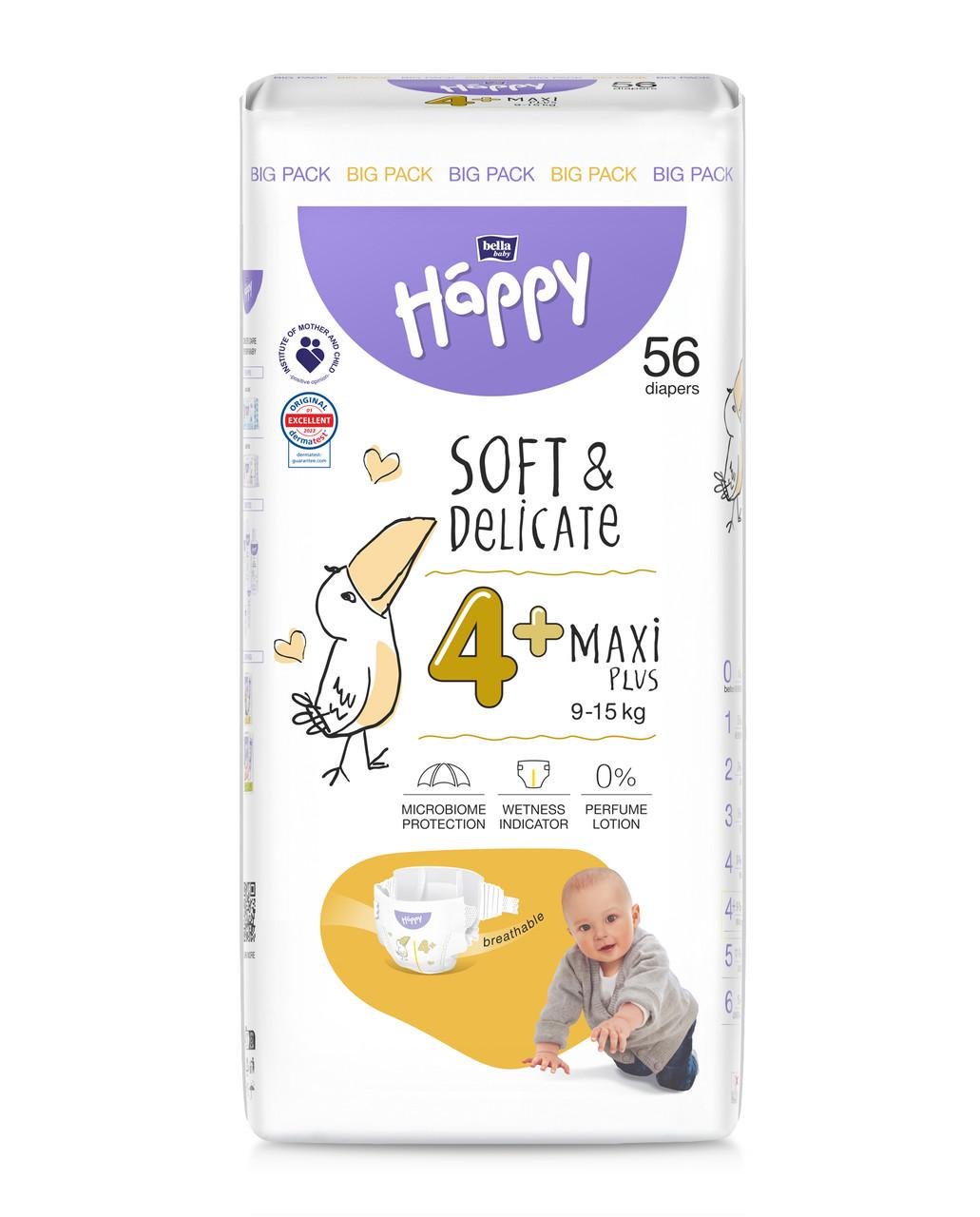 Подгузники детские Happy 4+Maxi Plus 9-15 кг 56 шт.