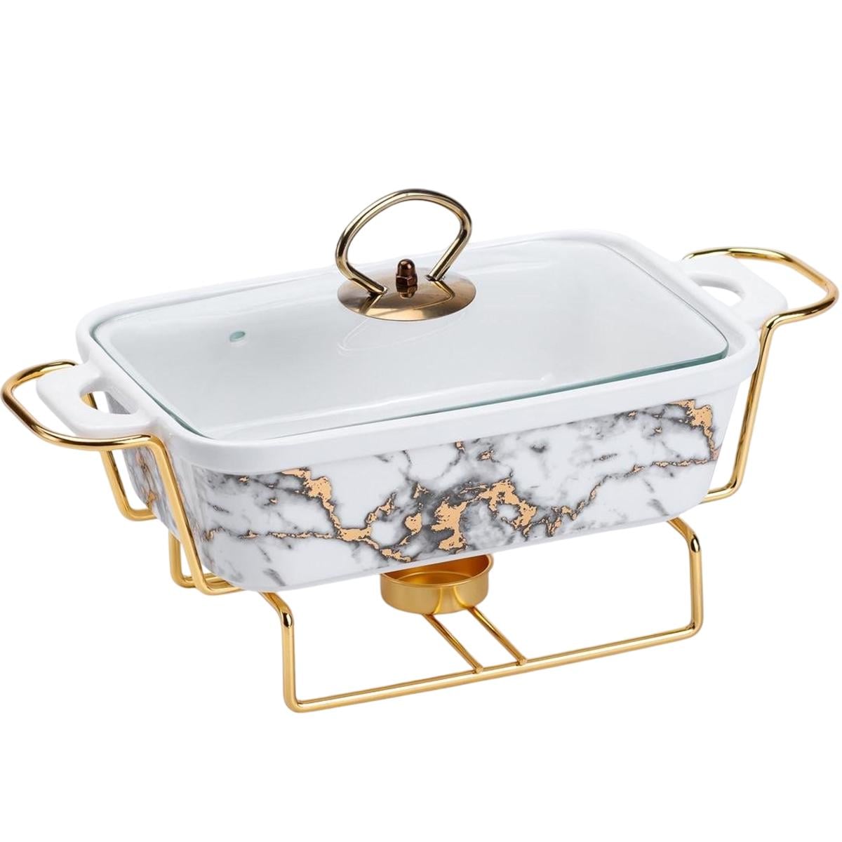 Мармитница керамическая прямоугольная со стеклянной крышкой 1 л Мраморный (HP1031)