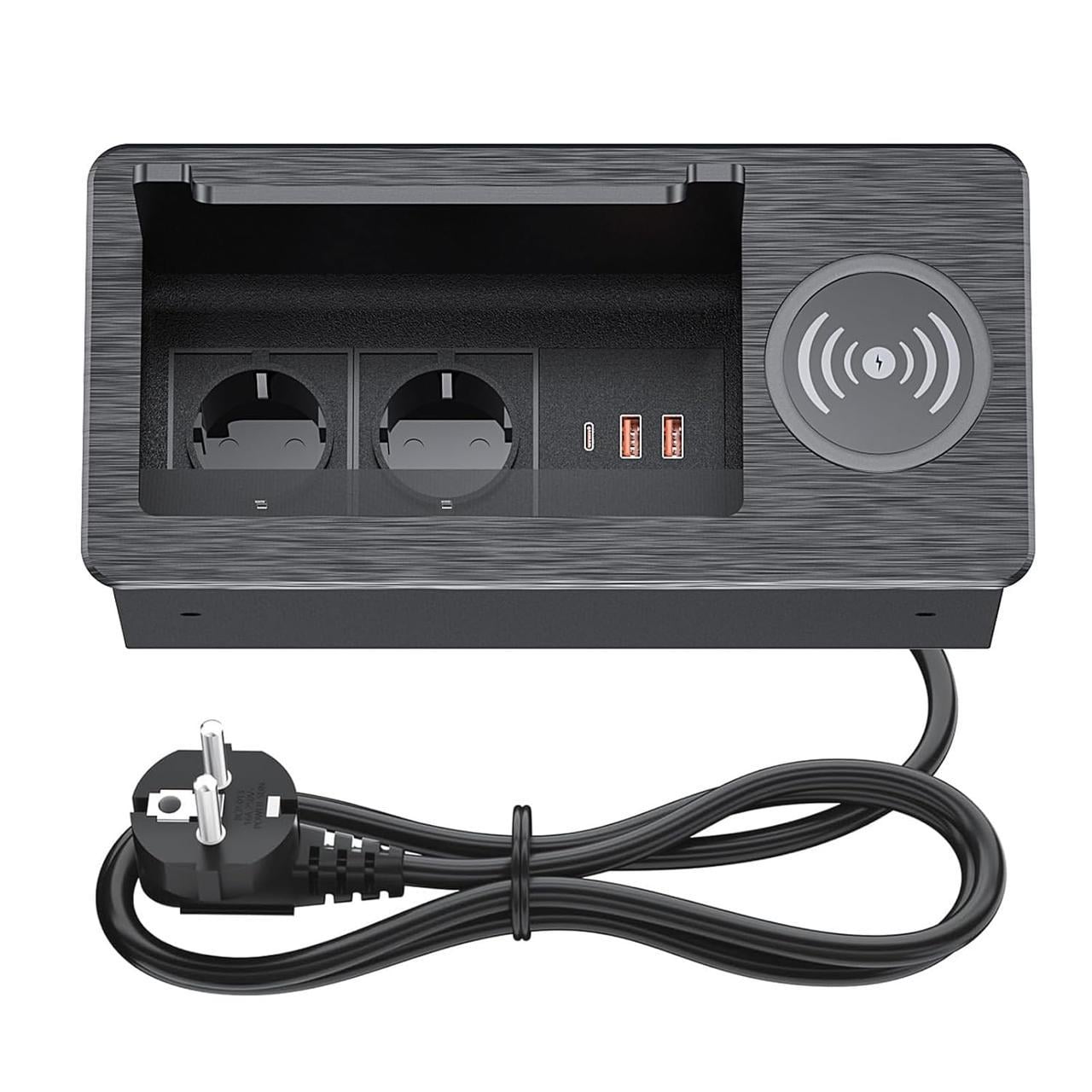 Розетка выдвижная USB C PD20W алюминиевая встраиваемая 2 отсека с USB-портами