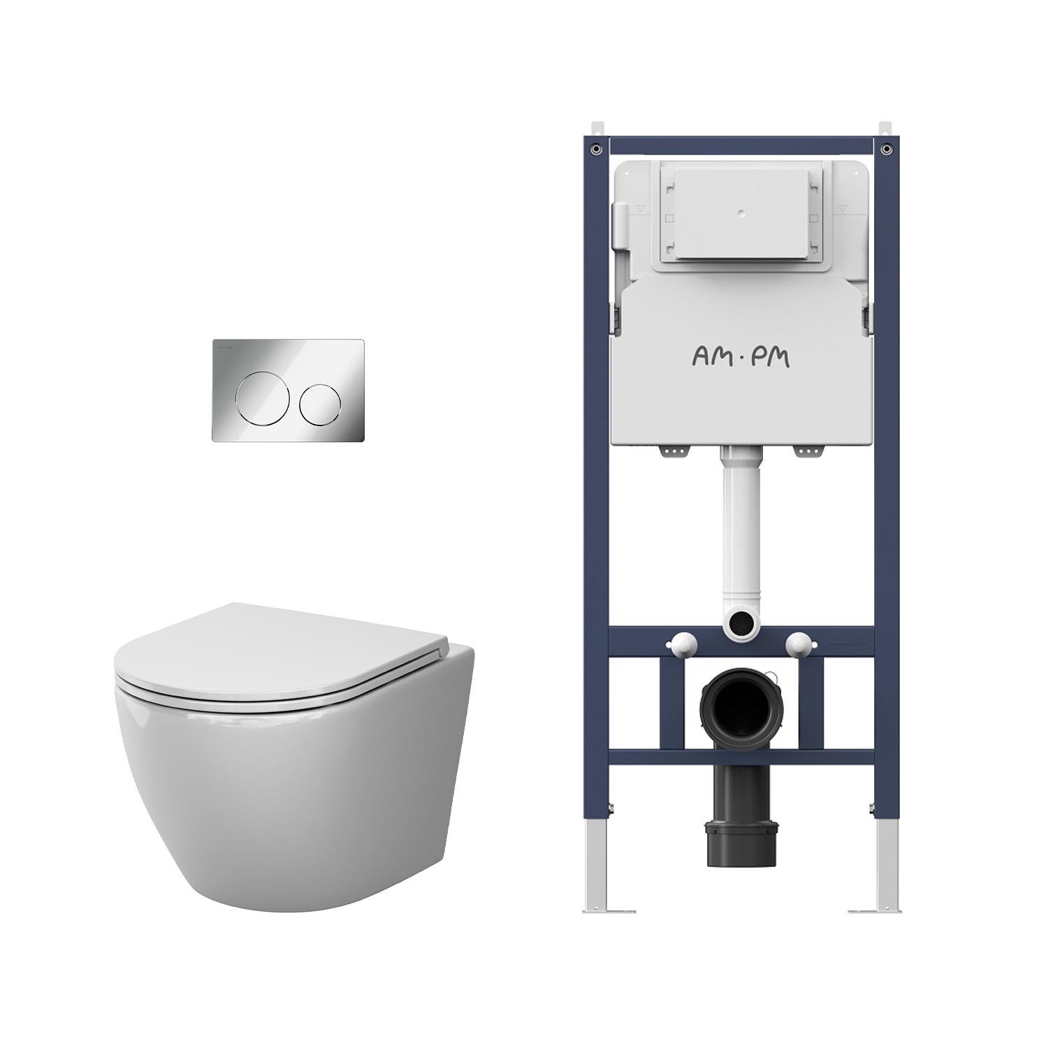 Установка AM.PM PrimeFit с панелью смыва PrimeFit L Глянцевый хром I090151/унитаз AM.PM Like Rimless CLA1900SC Soft Close (IIS90151.LA1900)