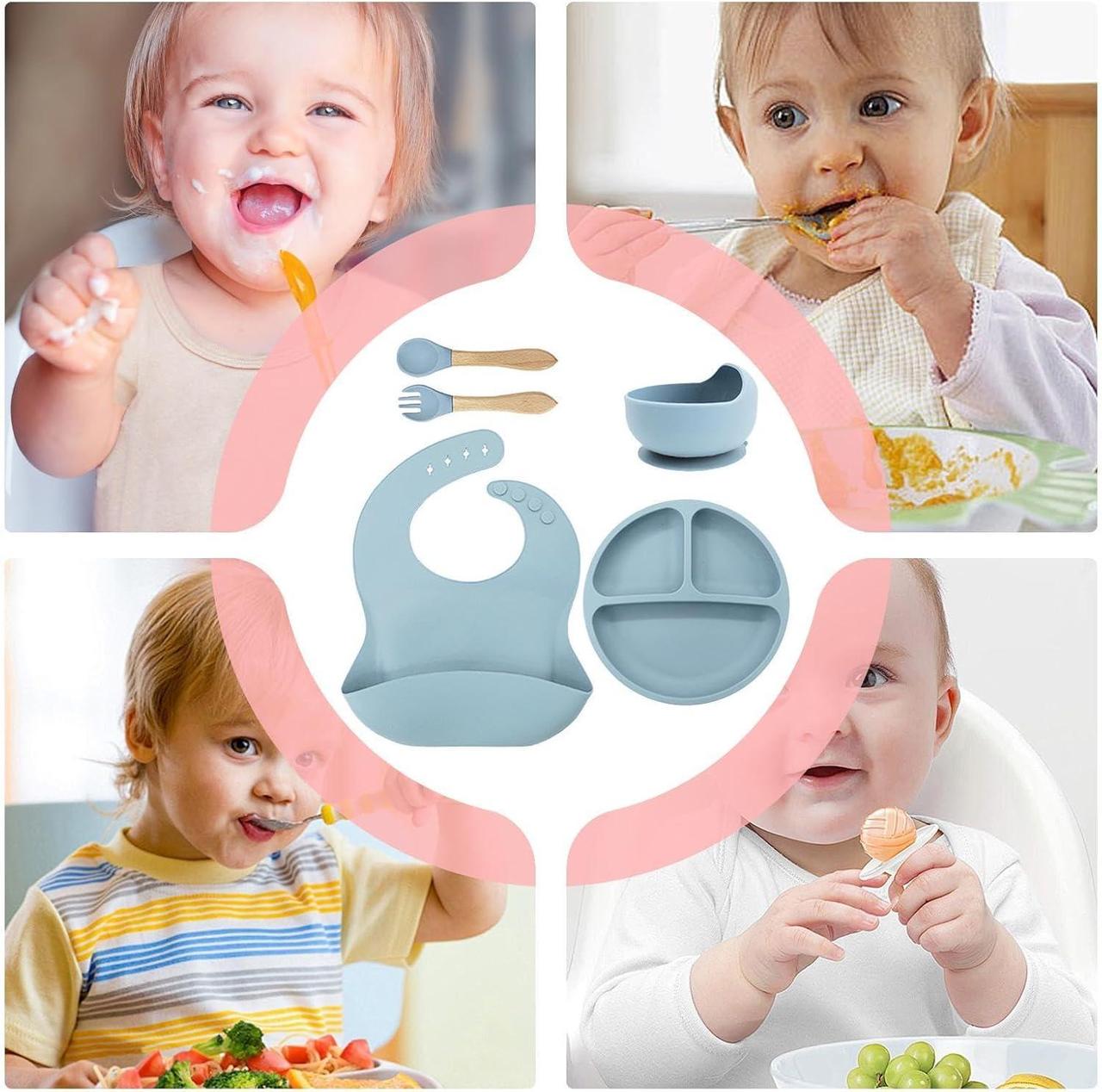 Дитячий набір посуду для годування 5в1 силіконовий Блакитний (Е051501) - фото 7 Дитячий набір посуду для годування 5в1 силіконовий Блакитний (Е051501) - фото 7