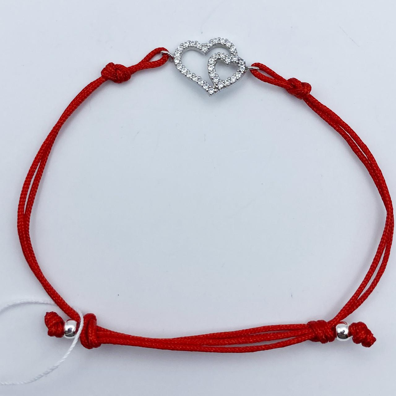 Браслет серебряный красная нить с кубическим цирконием Два сердца 0,83 г