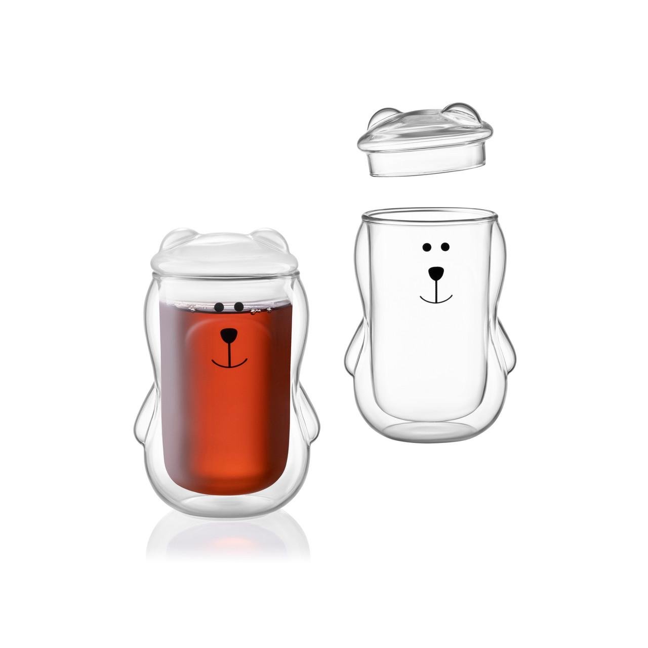 Чашки с двойным дном и крышкой ARDESTO Animals стекло 300 мл 2 шт. (iz16169) - фото 1