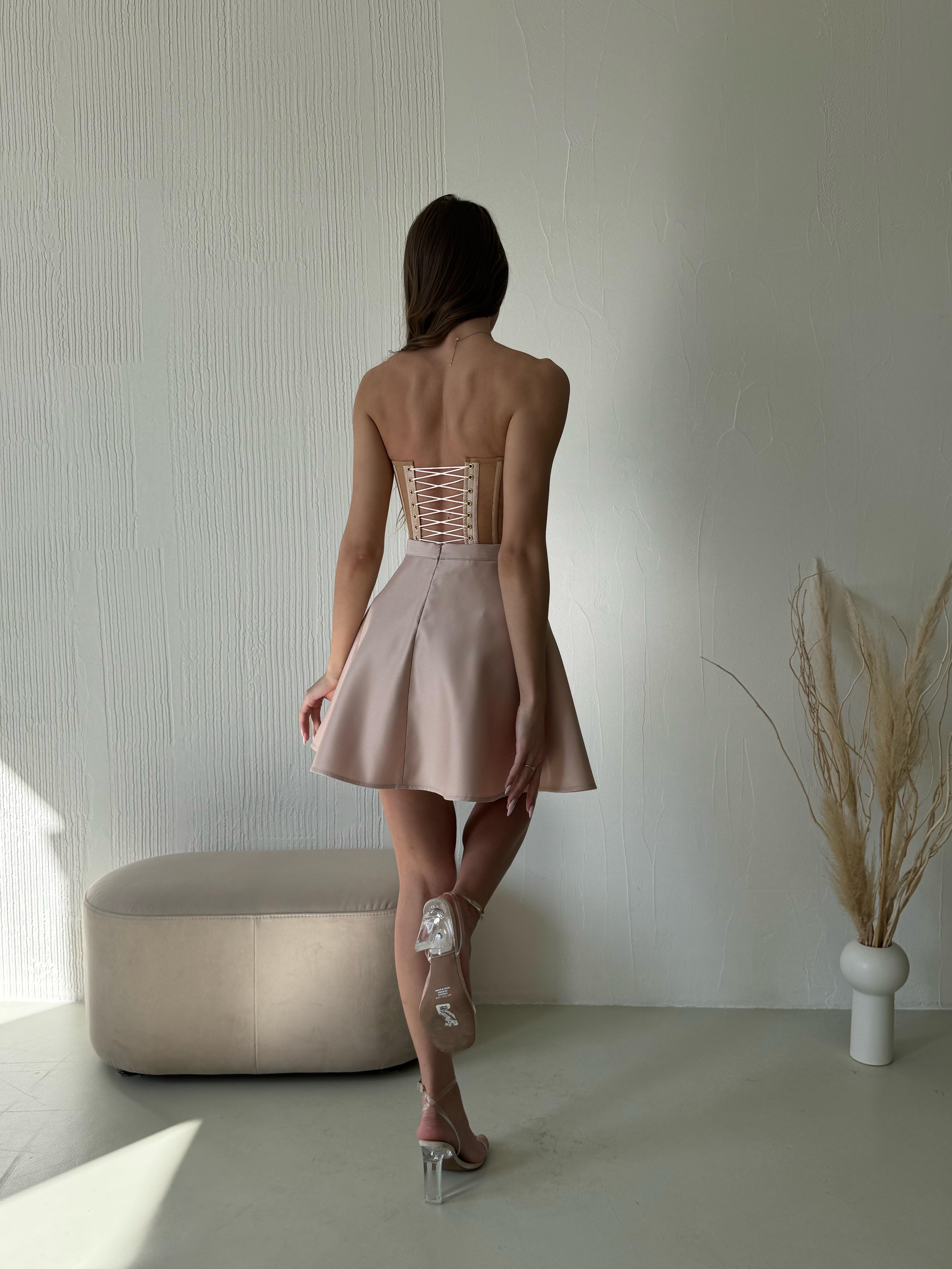 Платье-корсет в нежно-бежевом оттенке с золотым лифом S (22222) - фото 3