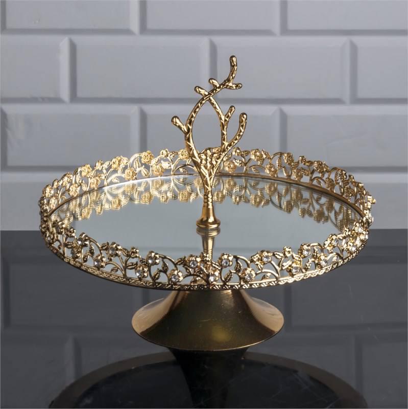 Блюдо-подставка на ножке металлическая с камнями с зеркальной основой 24х24x11 см Золотистый (S73A)