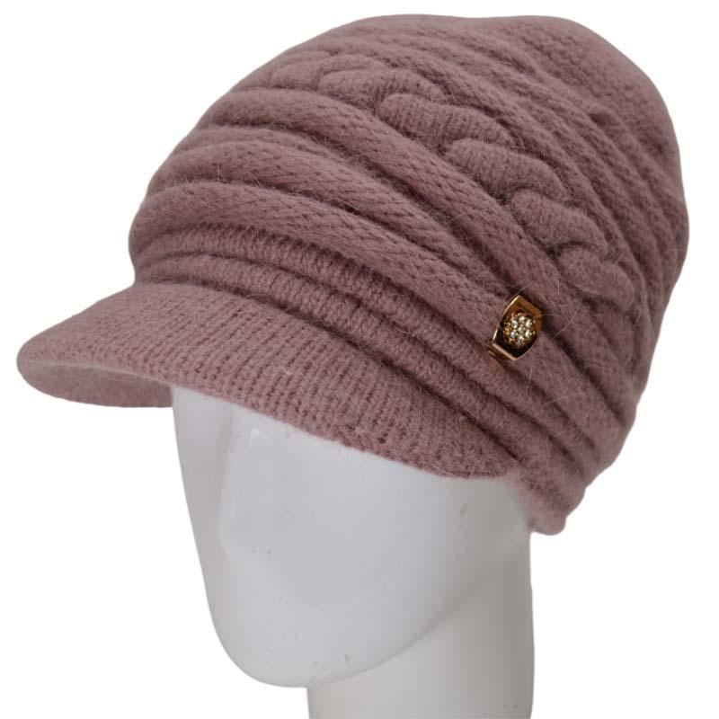Шапка ангоровая с козырьком женская Novita Инга объемная двойная с красивым узором и брошью one size Темно-пудровый