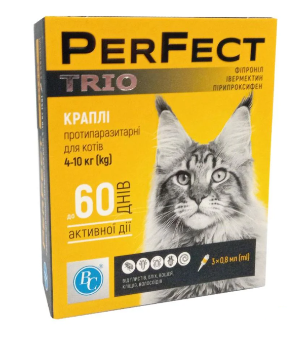 Капли противопаразитарные PerFect TRIO для кошек от 4 до 10 кг 3 пипетки по 0,8 мл