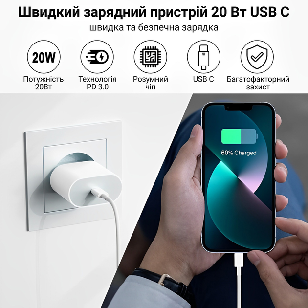 Зарядний пристрій Kayfovo S20W для iPhone/iPad 20W USB-C мережевий White (28581) - фото 4 Зарядний пристрій Kayfovo S20W для iPhone/iPad 20W USB-C мережевий White (28581) - фото 4