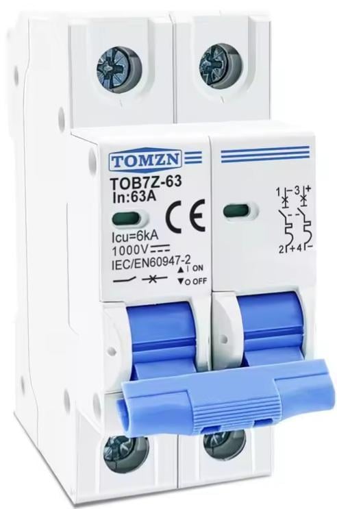Вимикач постійного струму TOMZN автоматичний DC MCB TOB7Z-63 2P Icu 6kA на DIN рейку 16А двополюсний до 1000V (99452953)
