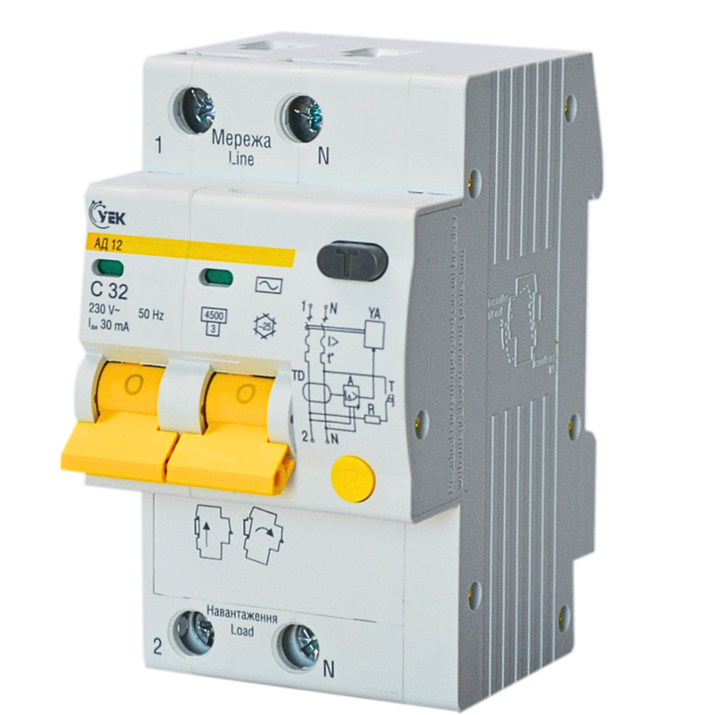 Выключатель дифференциальный УEK АД12 2P 32A 30мА C тип АС (MAD10-2-032-C-030-U)