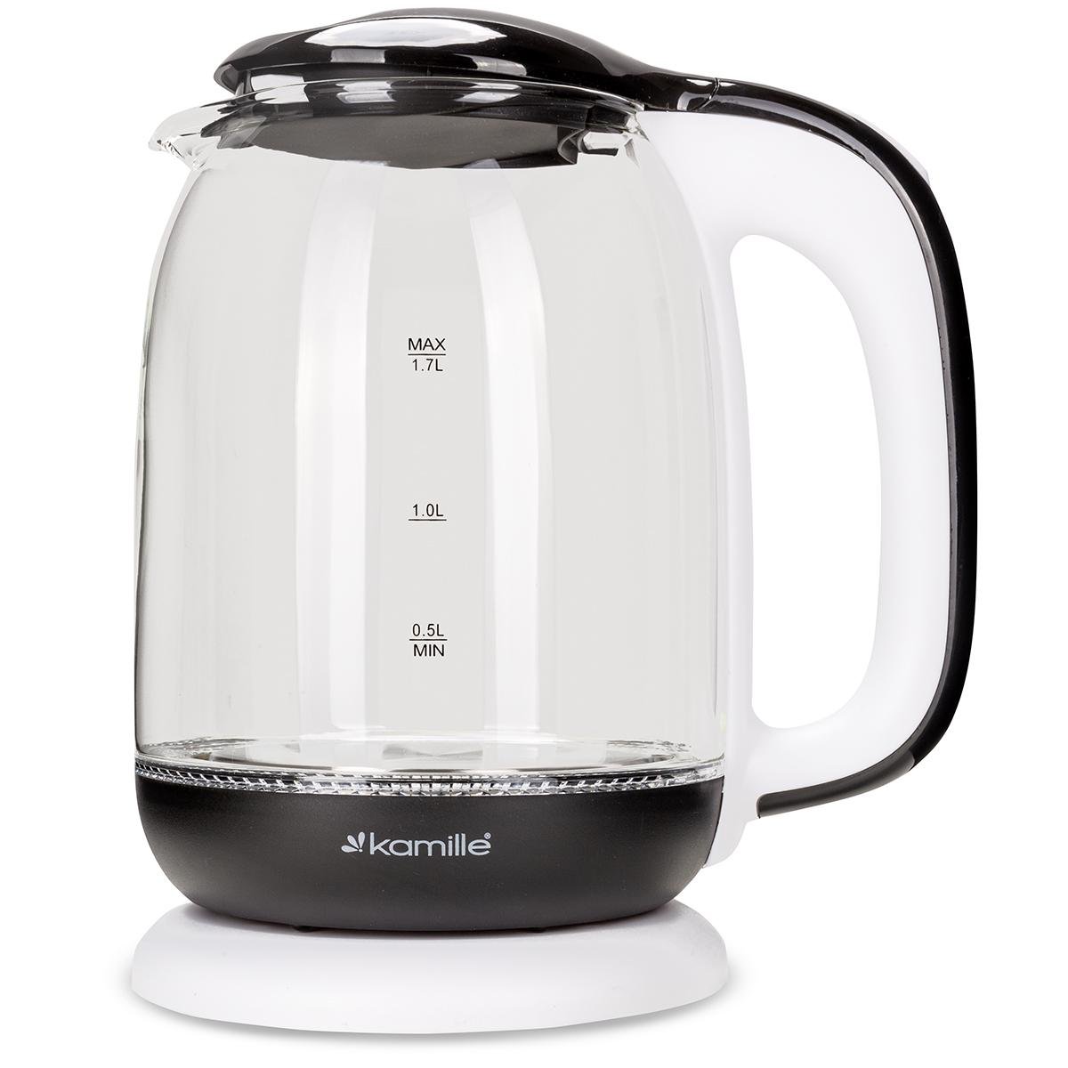 Електрочайник на підставці Kamille KM-1720В скляний з підсвічуванням та індикатором рівня води 2200 W 1,7 л Чорно-білий (124-84-1720В)