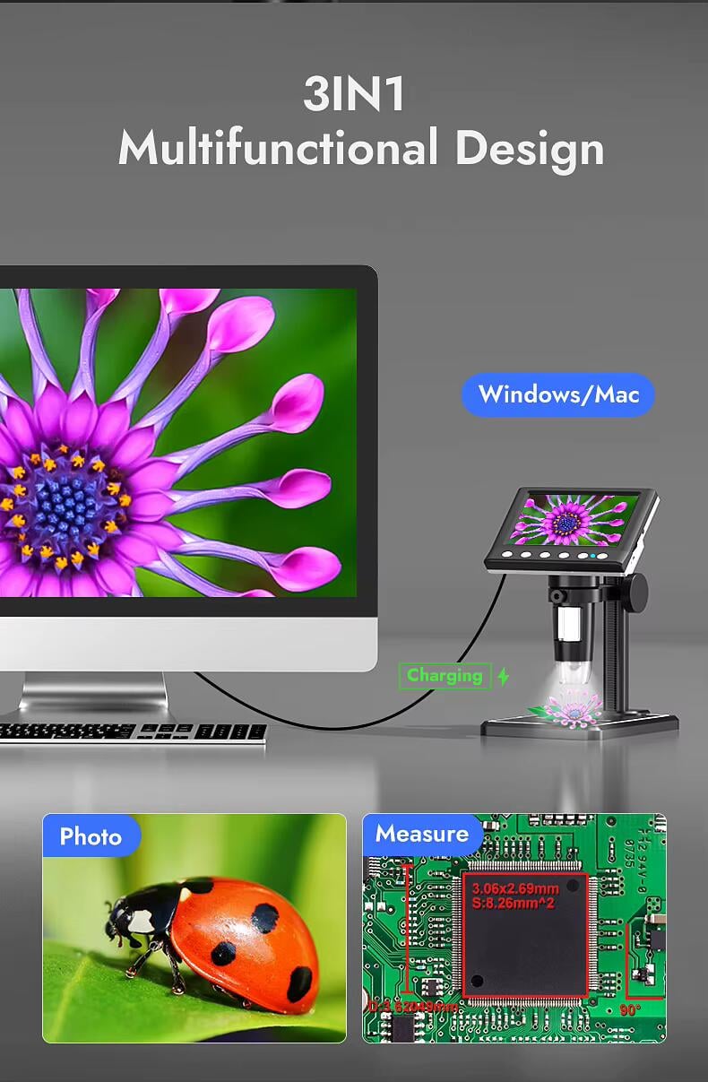 Мікроскоп цифровий RIEVBCAU DM7-Z01C монітор 4,3" 1500-кратний 1080P для паяння з 8 світлодіодами Black (DM7-Z01C) - фото 8