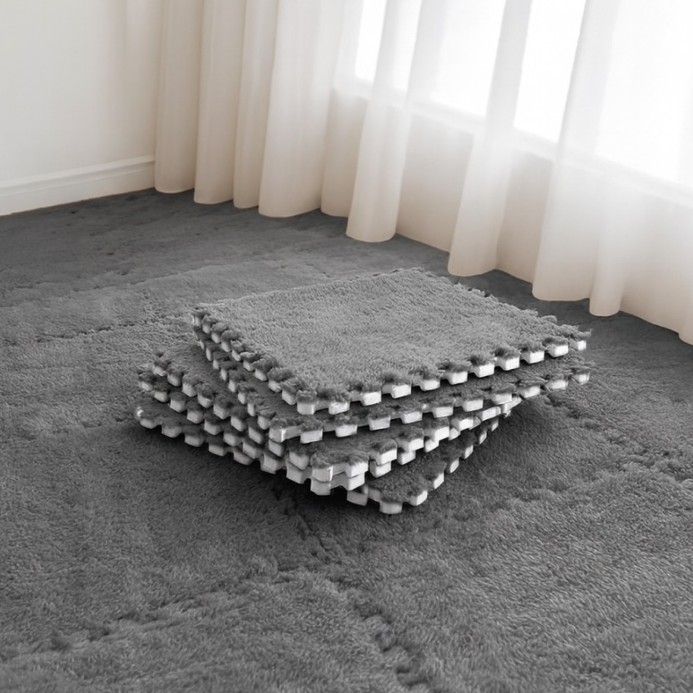 Килимок-пазл з плюшевим покриттям термо м'який з ворсом 30 пазлів товщина 1 см площа покриття 7,5 м2 50х50 см Темно-сірий