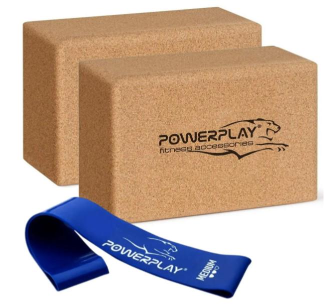 Блоки для йоги PowerPlay PP4006 из пробкового дерева 2 шт. Cork Yoga Block с резинкой 7,5 кг (PP_4006_Cork_2in)