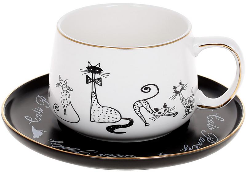 Чайная пара Cat's Party чашка 280 мл с блюдцем фарфор Белый/Черный (BD-498-187)