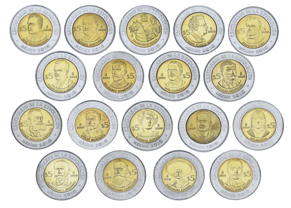 Коллекционные монеты Мексики 18 шт. по 5 песо 2008-2010 Биметалл UNC Мексиканская революция (М23095)