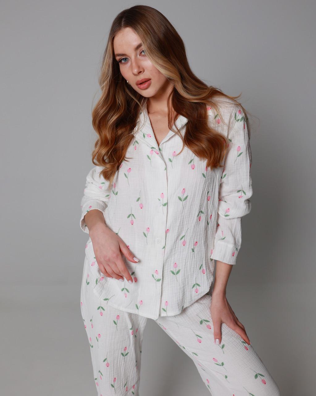 Костюм домашній піжама жіноча з мусліну сорочка зі штанами Рожевий тюльпан (2490277388) - фото 2 Костюм домашній піжама жіноча з мусліну сорочка зі штанами Рожевий тюльпан (2490277388) - фото 2