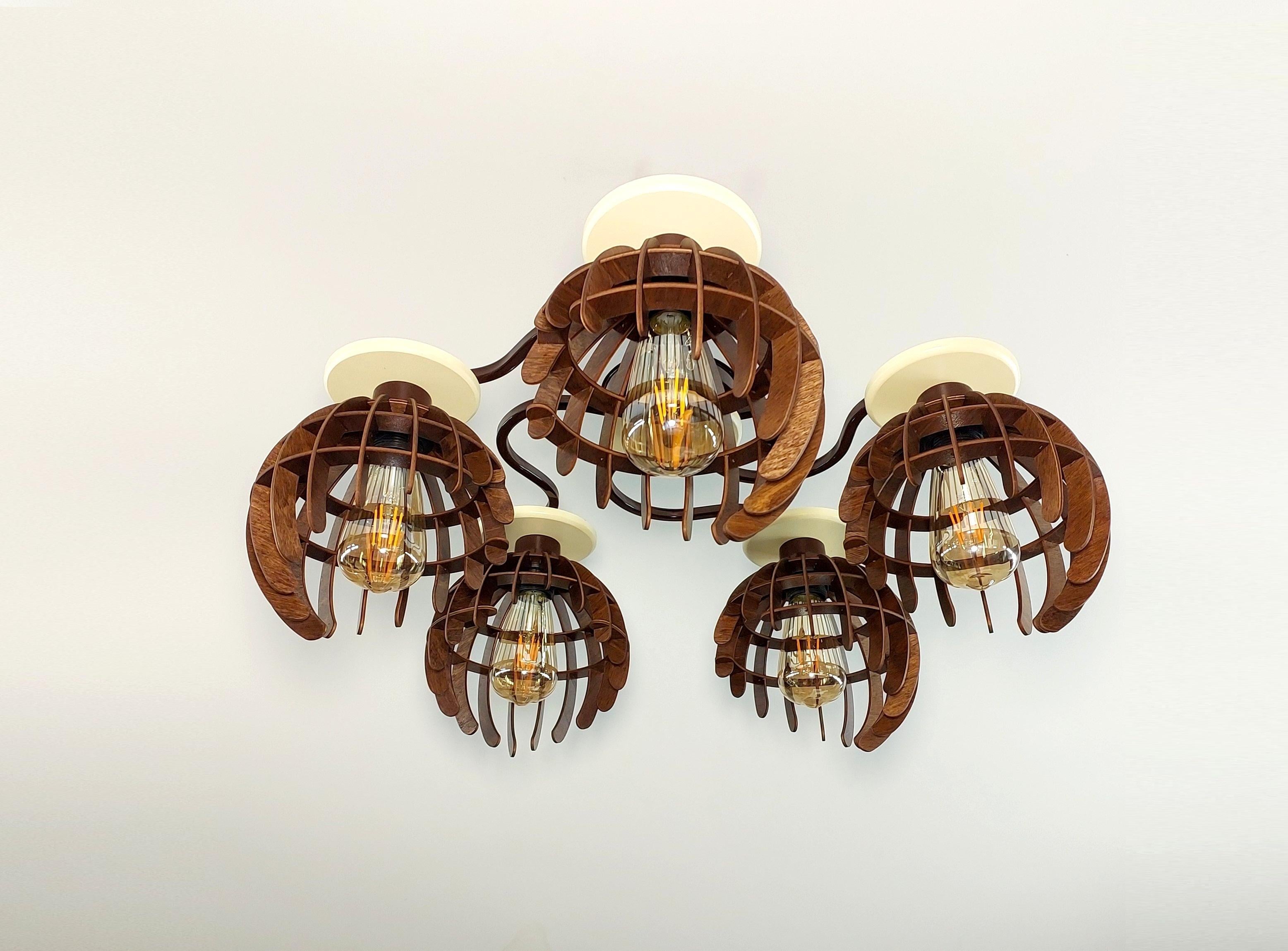 Люстра в стиле лофт на 5 лампочек с деревяными плафонами Коричневый (4345-17)