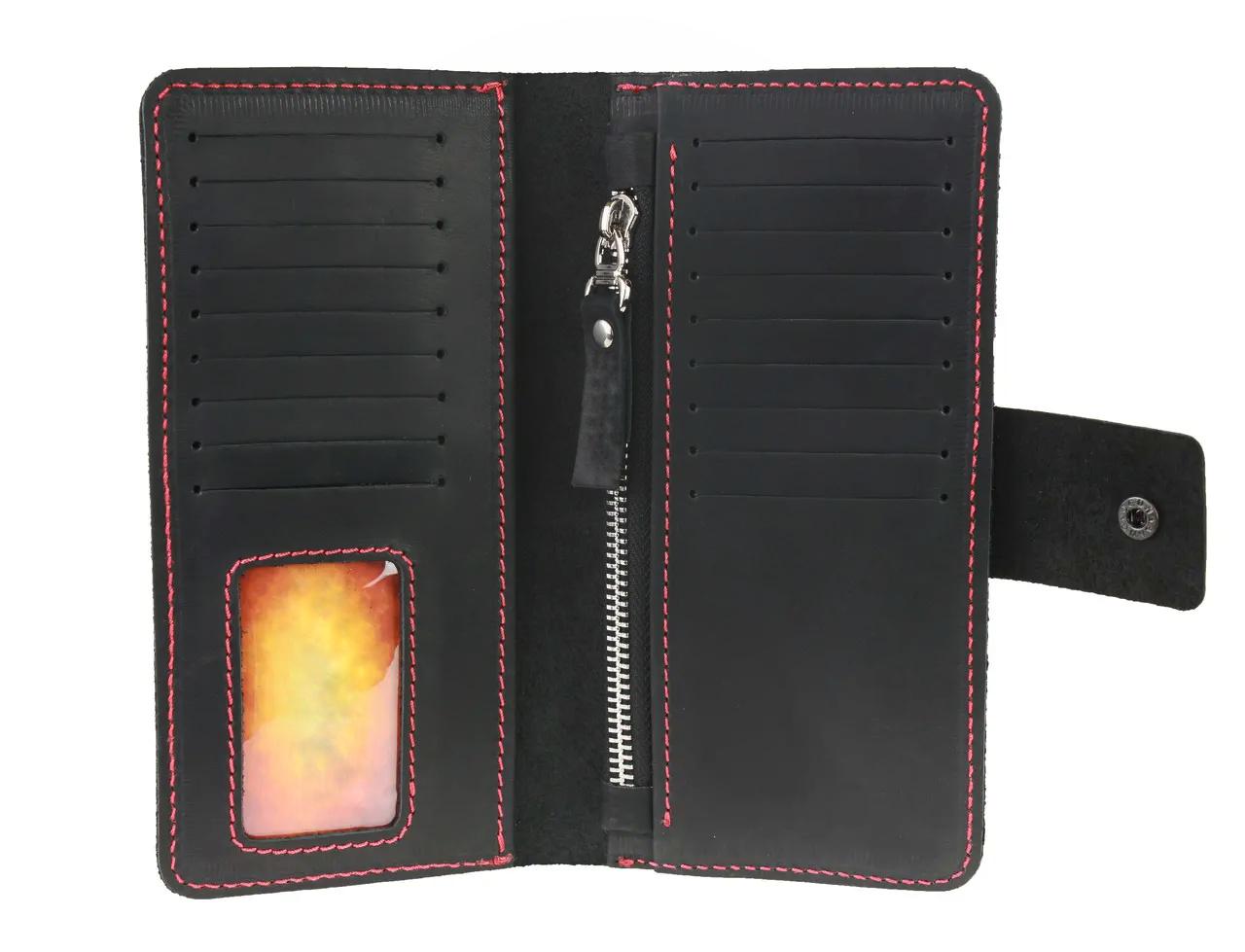 Гаманець FREESKIN шкіряний прошитий червоною ниткою 19х9,5х1 см Чорний - фото 2