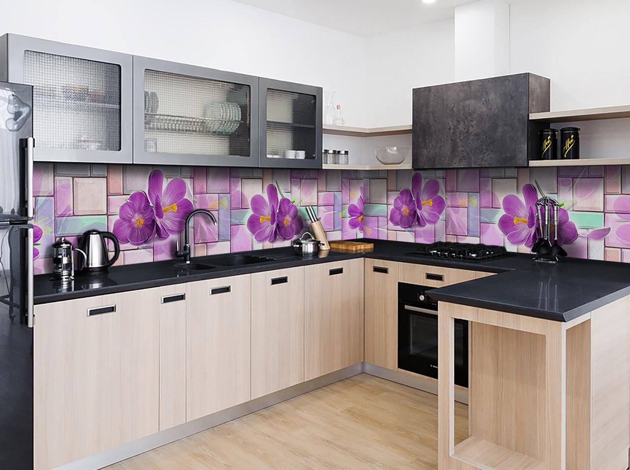 Кухонный фартук Букет крокусов геометрия из самоклеющейся виниловой пленки 65х250 см Фиолетовый