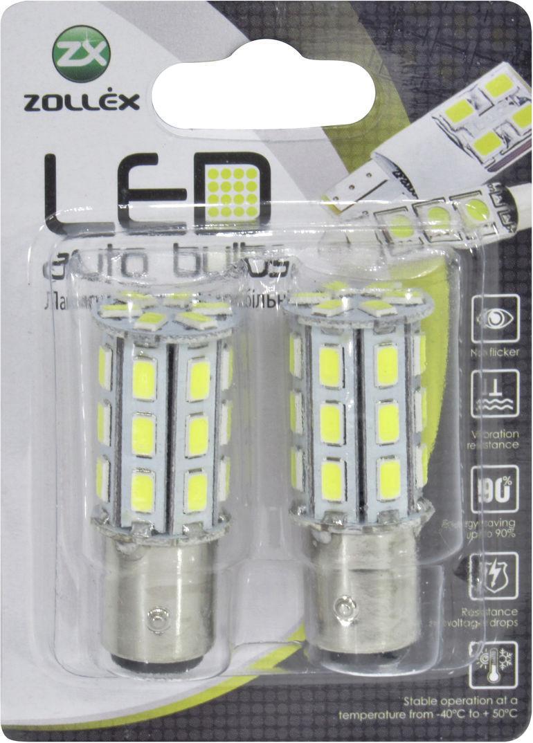 Лампочка 2-ох конт. груша Білий LED SMD 12V 27-діодів P21/5W BAY15d Zollex 2 шт.   S0977  12V-P21/5W BAY15d