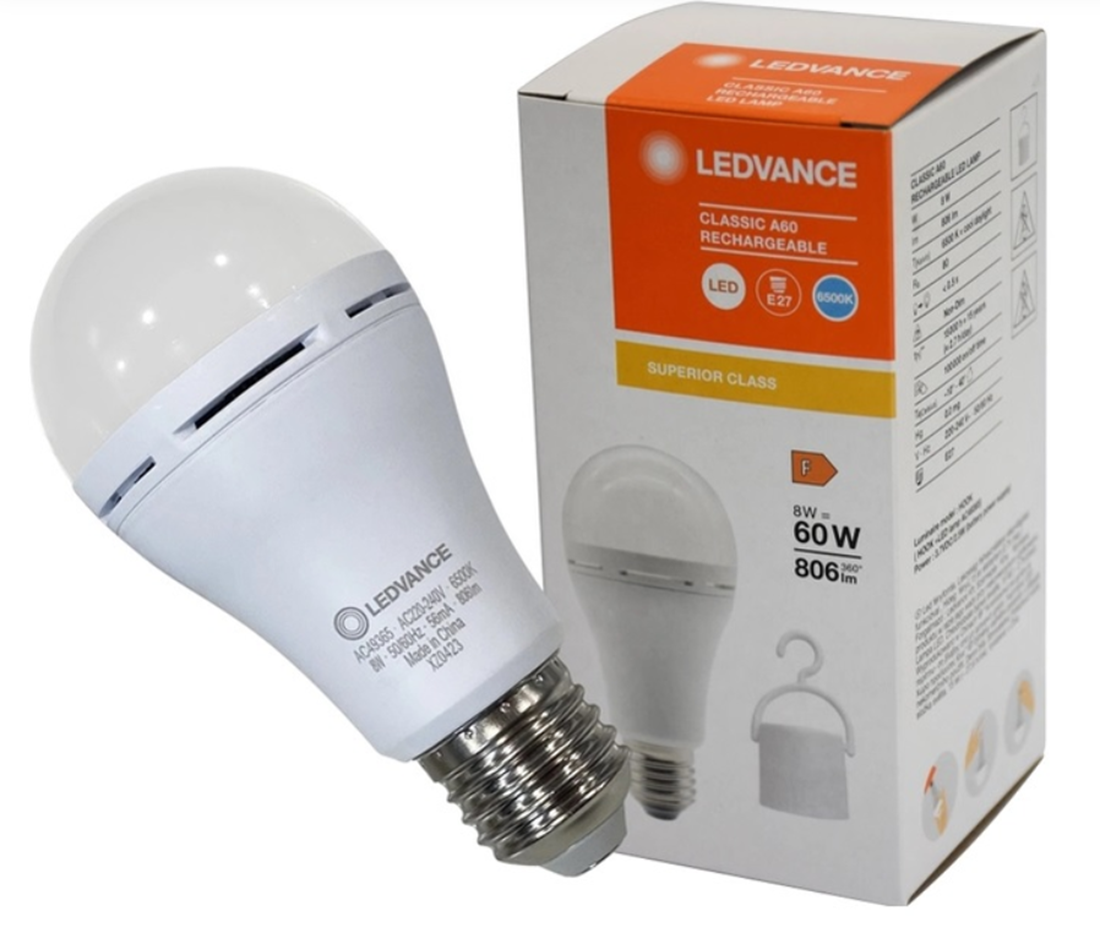 Лампа светодиодная с аккумулятором LEDVANCE с держателем A60 8W 6500K 1800 mAh E27 (4099854102431)