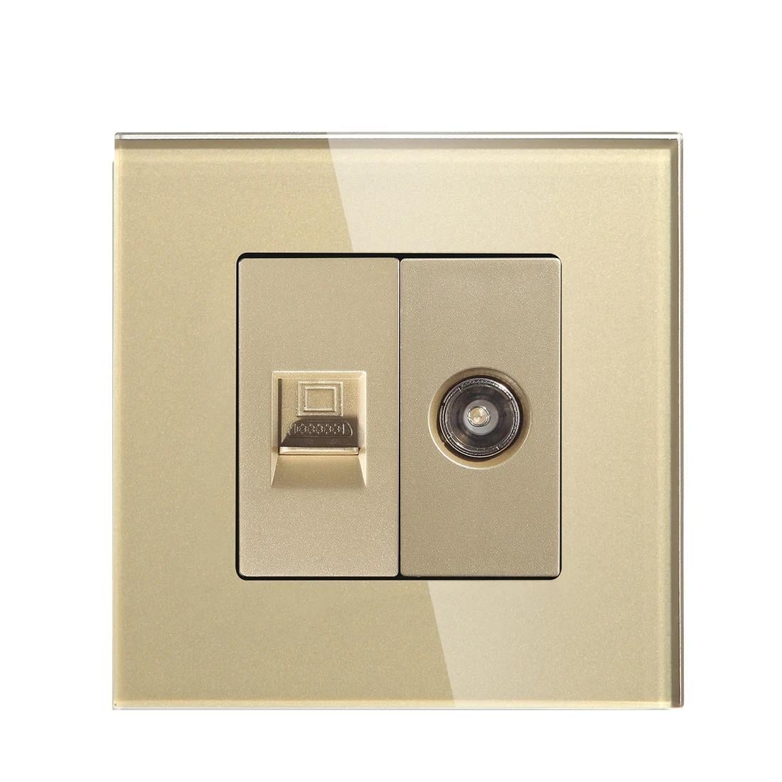 Розетка компьютерная LUXION RJ-45/ТВ розетка стеклянная рамка Золотой (LX-CAT6PTY-GD)