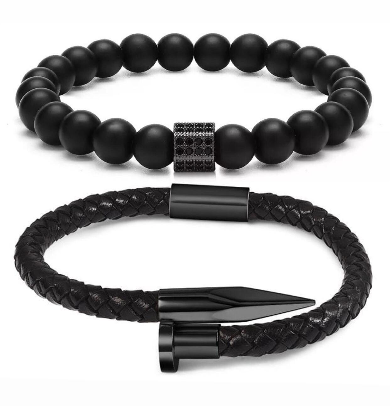 Комплект браслетів зі шкіри у формі цвяха та шунгіту з багатогранником р. 15 (12112)