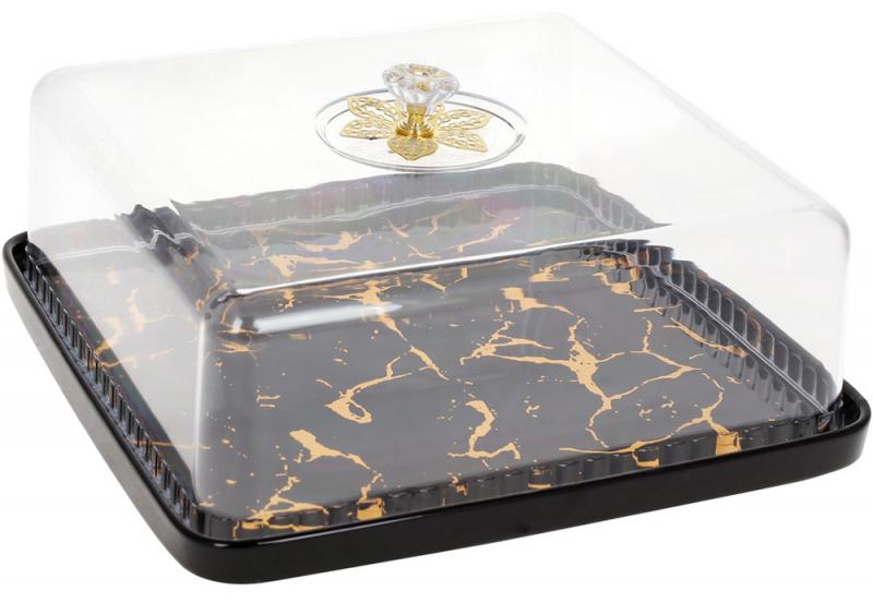Блюдо-тортовница фарфоровая Мраморная Роскошь с колпаком Ø 28 см Черный мрамор (BD-954-507)