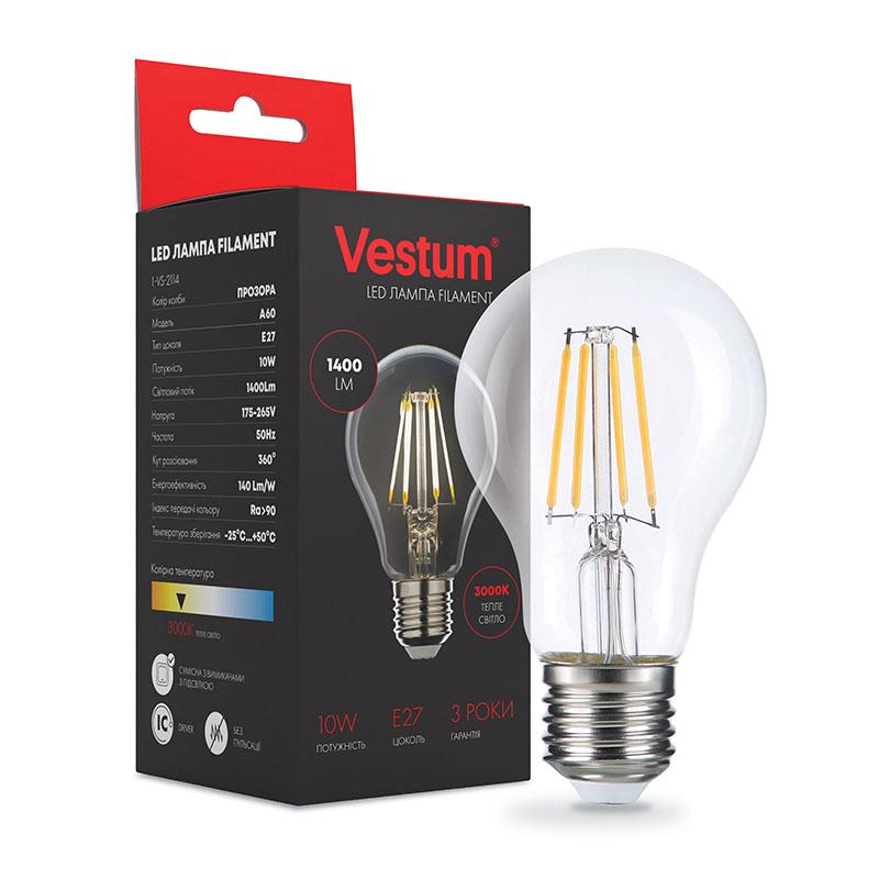 Лампа LED Vestum филамент А60 Е27 10 Вт 220 V 3000К