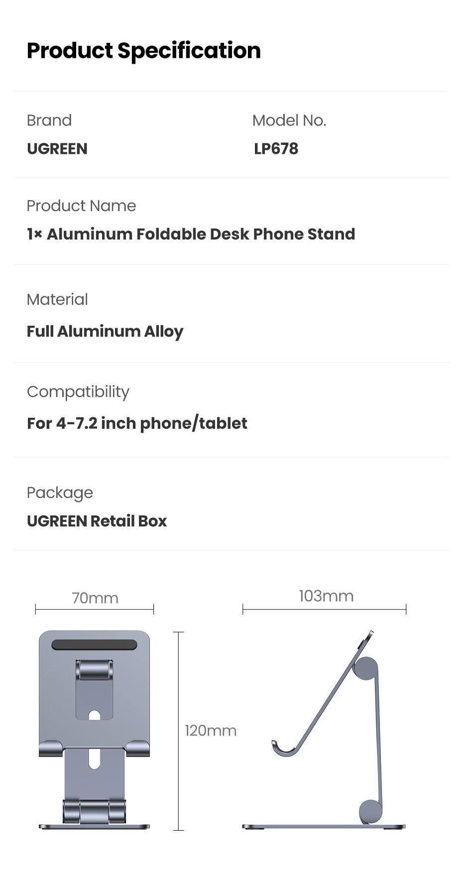 Подставка для телефона/планшета UGREEN настольная металлическая складная алюминиевая Серый (15608) - фото 8