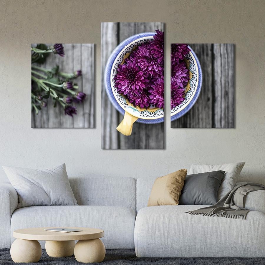 Картина на холсте триптих Соцветия фиолетовой хризантемы 141x90 см (781-32)